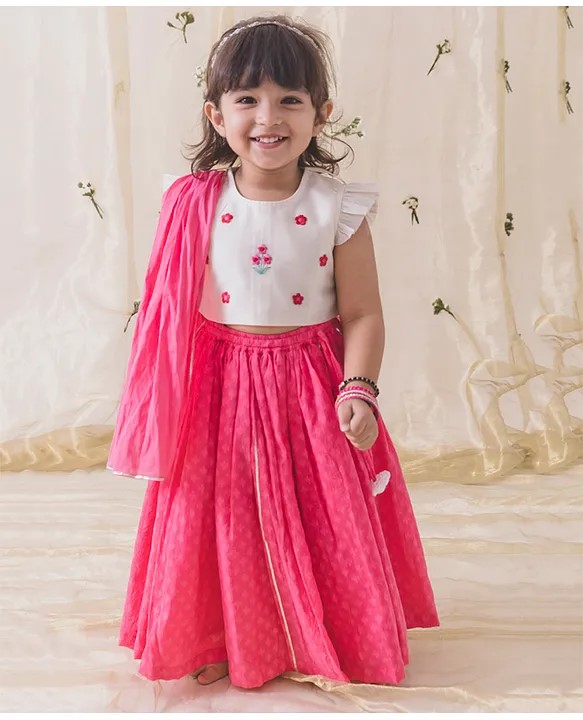 Tiber Taber Frill Sleeves Floral Embroidered Lehenga Choli With Dupatta - Pink